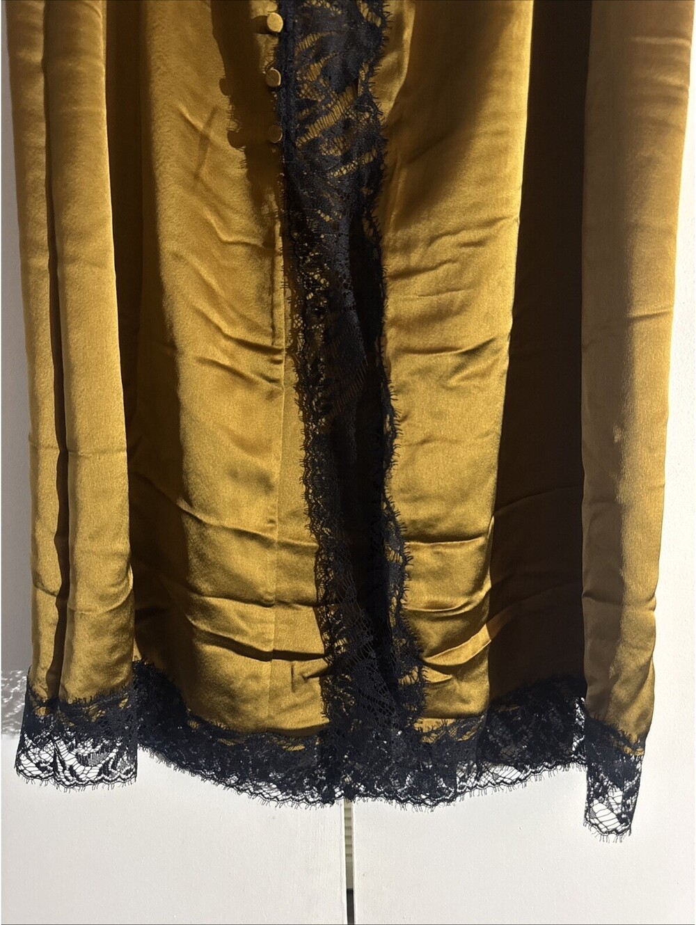Victoria’s Secret Satin Gold Bronze Midi Slip Skirt Black Lace Button Trim X - Picture 2 of 12
